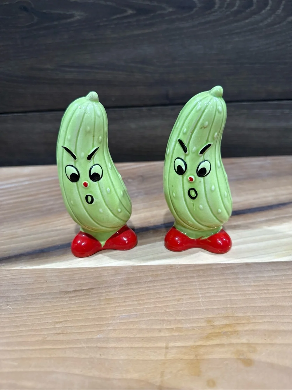 Anthropomorphic Green Angry Pickle Salt & Pepper Shakers with Red Bases. 1950s